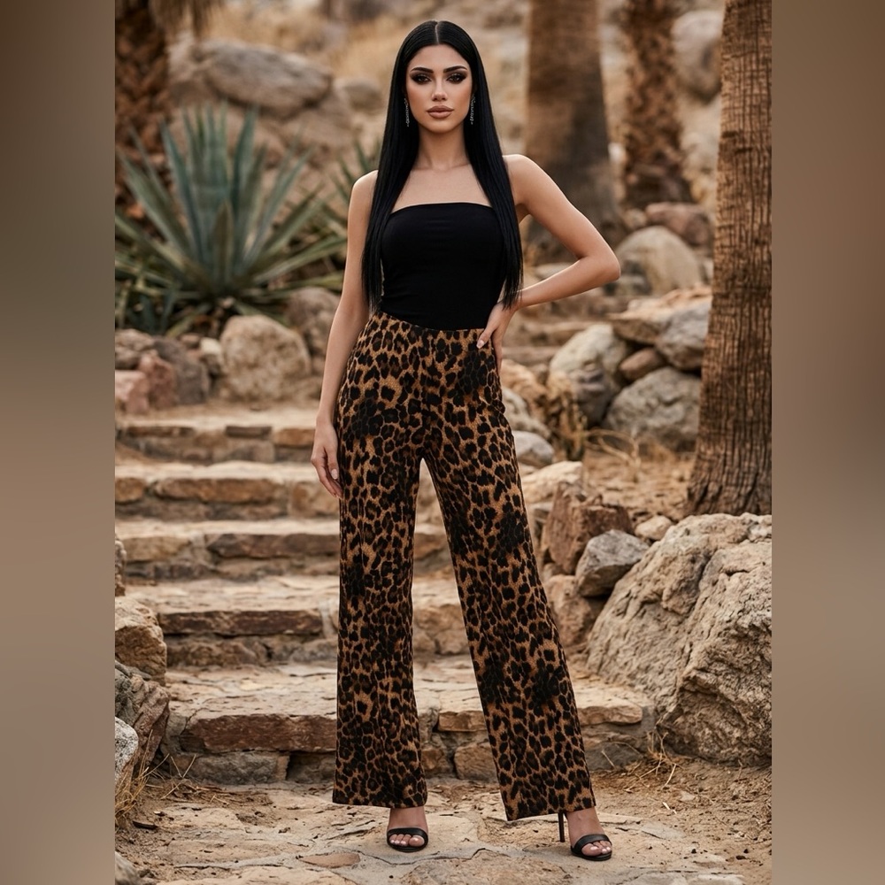Kelly & Diane Leopard Print Flare Womens Pants Size 6 Brown Black Animal Print